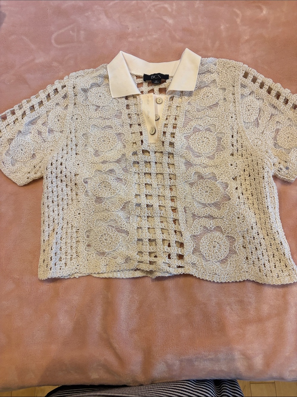 BCX Cream Openwork Crochet Polo Top